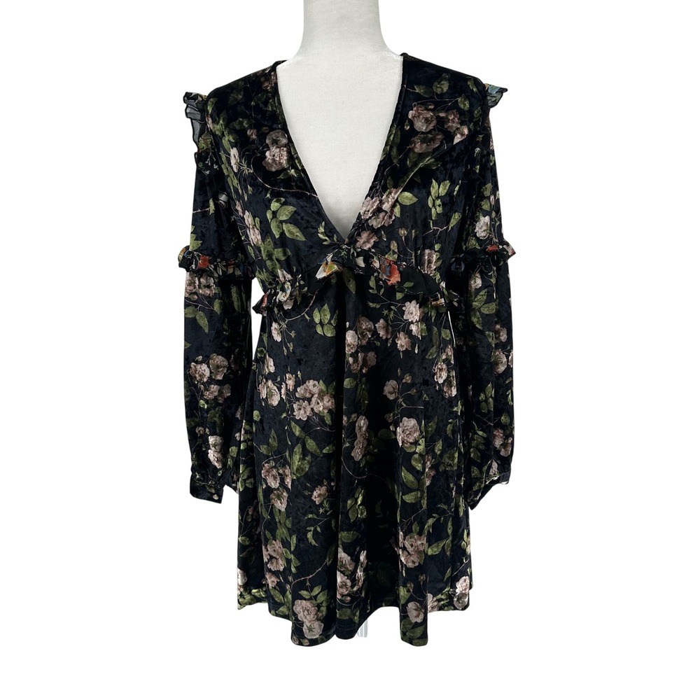 KAS New York Black Floral Velvet‎ Long Sleeve Ruffle V Neck Dress M Goth Indie